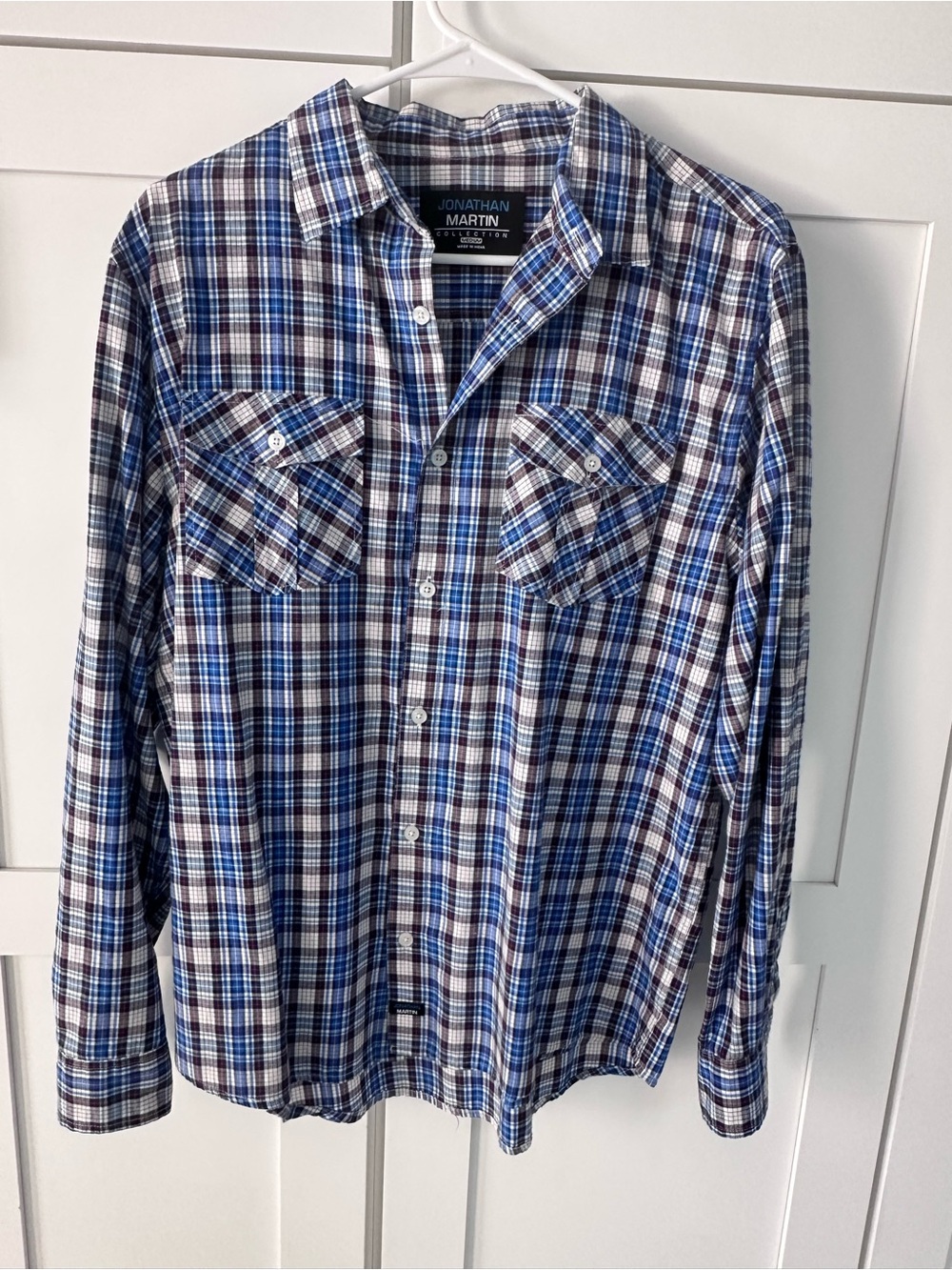 jonathan martin Blue and White Plaid Long-Sleeve Button-Down Shirt